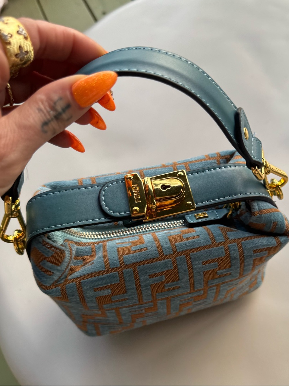 Fendi Inspired Burnt Velvet Blue and Brown Mini Top Handle Bag